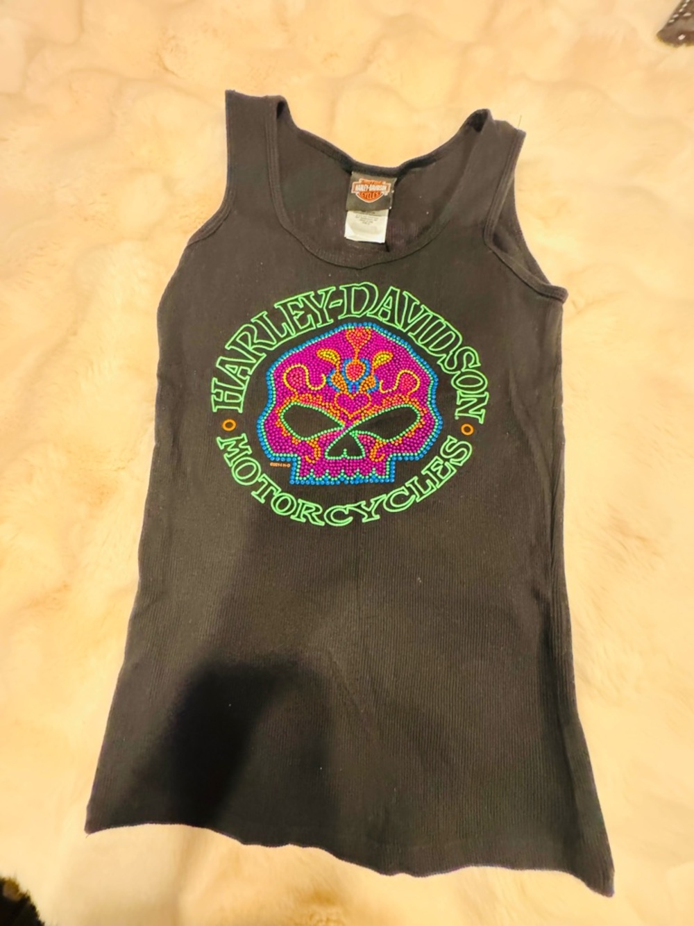 Harley-Davidson Black Tank Top with Neon Skull Graphic